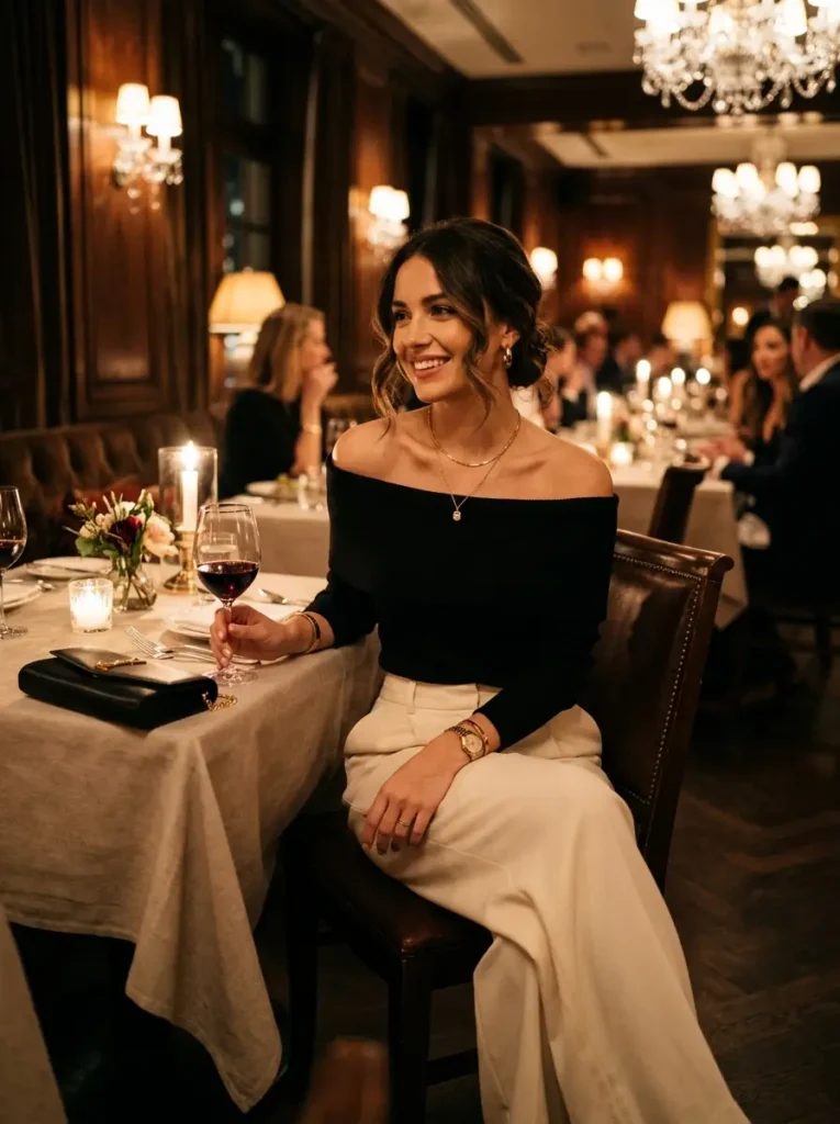 Off-Shoulder Black Top with Wide-Leg Pants