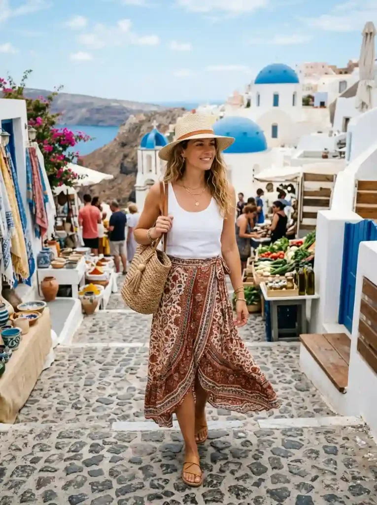 Printed Wrap Skirt and Straw Hat