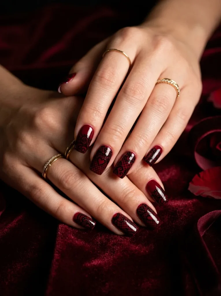 Romantic Red Nails with Black Lace Detail