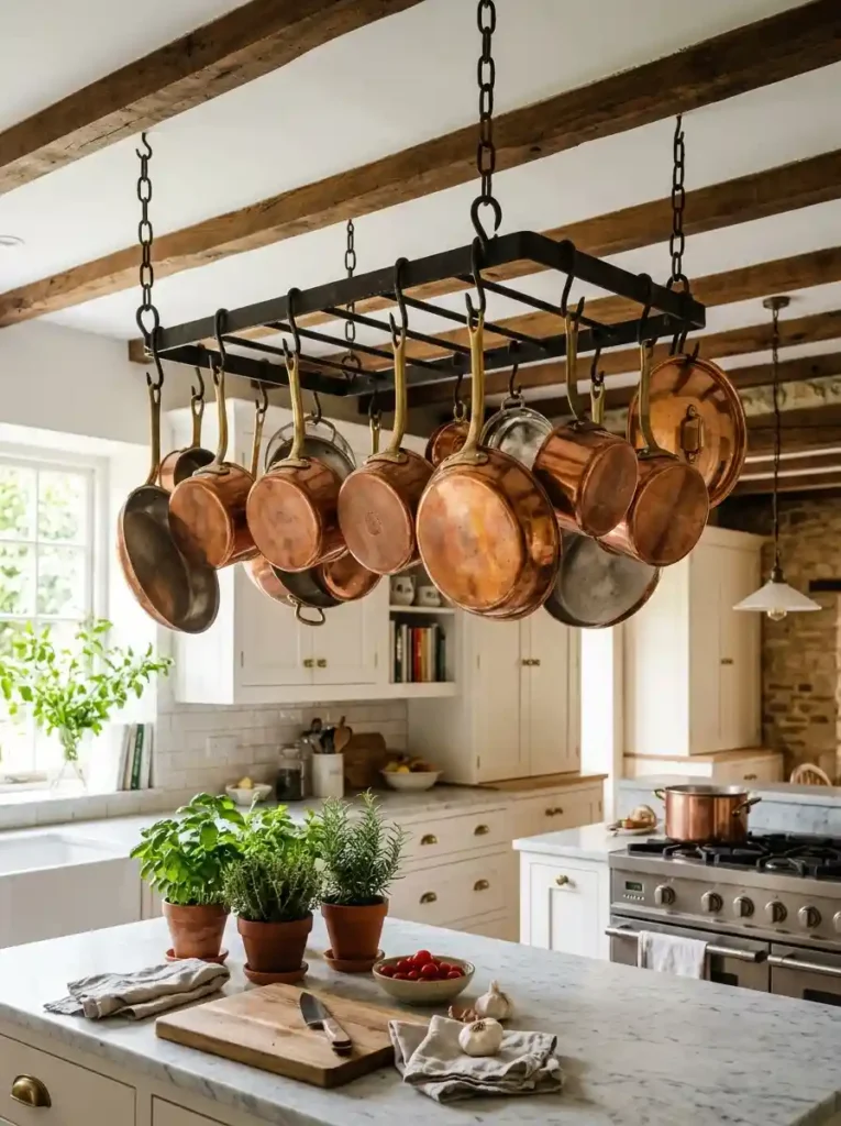 Copper Pots Hanging from a Ceiling Rack