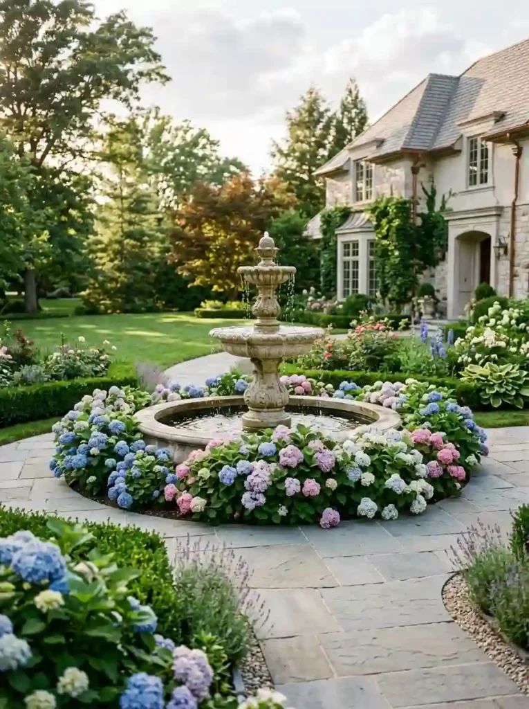 Fountain Surrounded by Hydrangeas