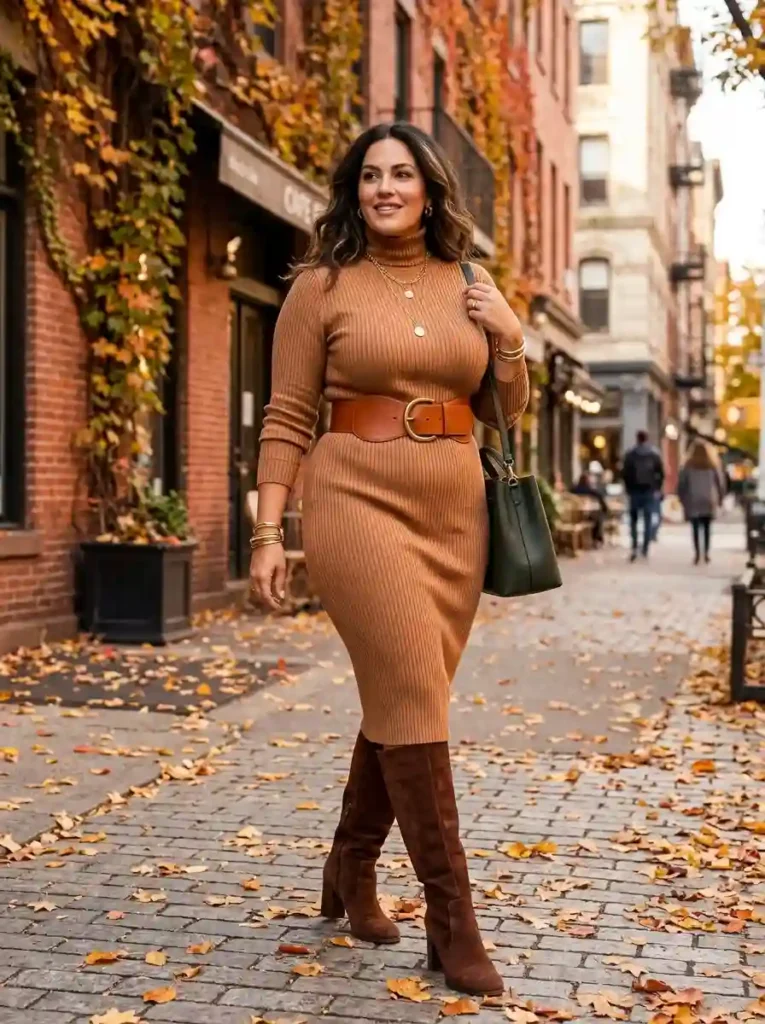 Caramel Turtleneck Dress and Statement Belt