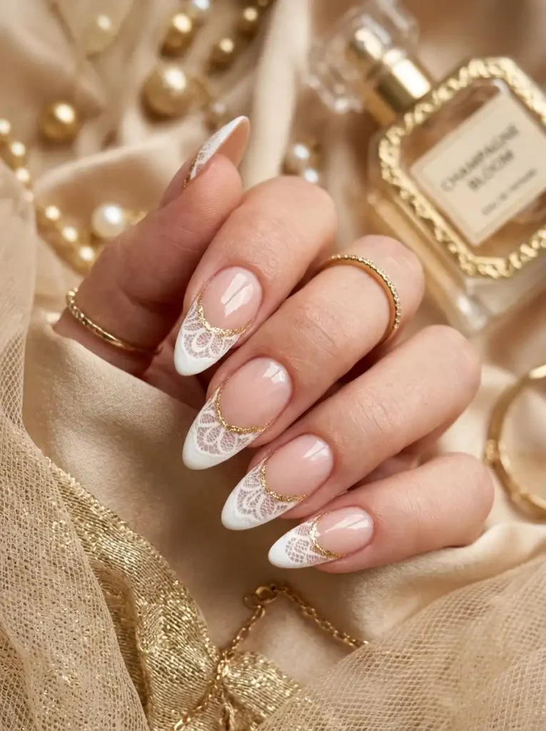French Lace Nails with Gold Foil Trim