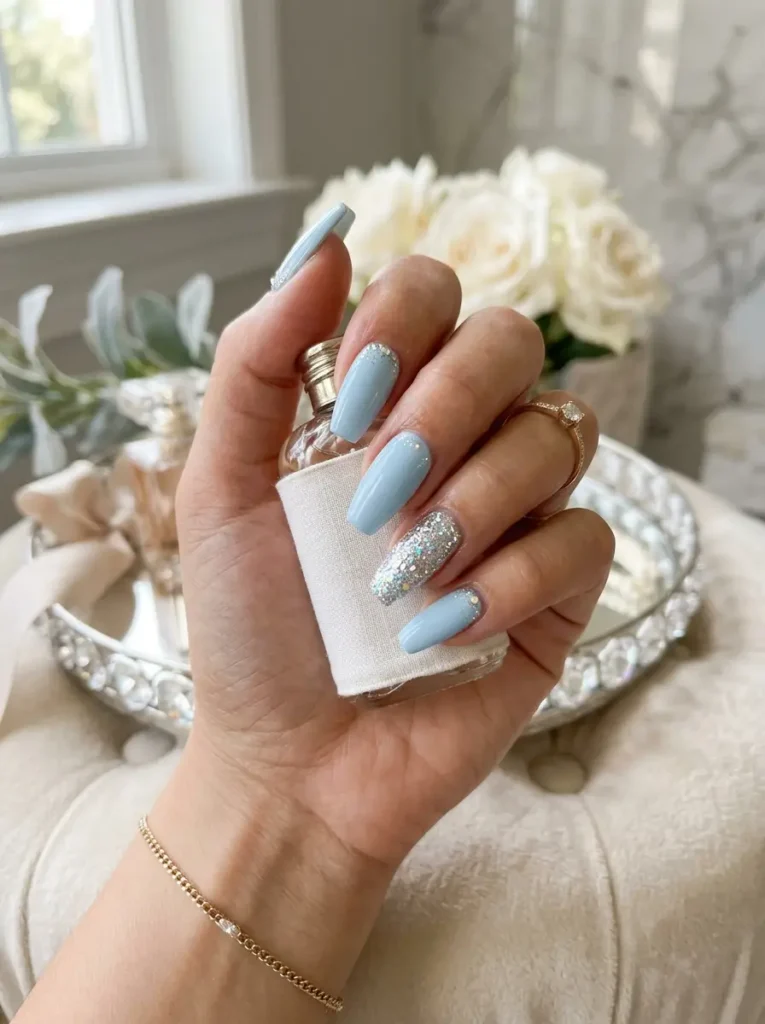 Ice Blue Glitter Accent Nails