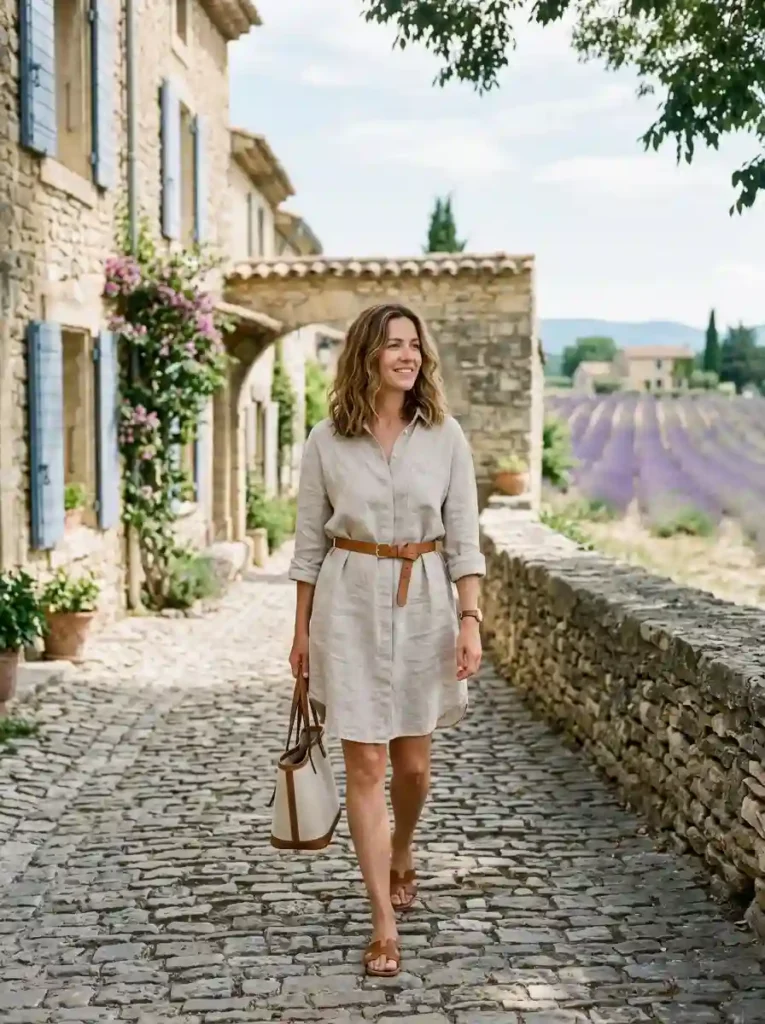 Linen Shirt Dress and Minimal Slides