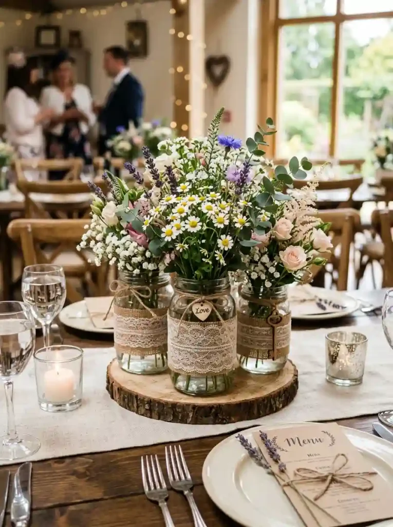Mason Jars with Lace and Wildflowers