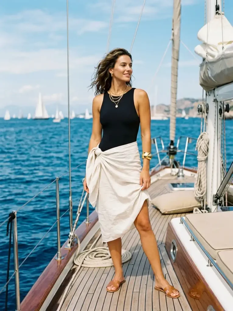 Black Swimsuit and Sarong with Gold Jewelry