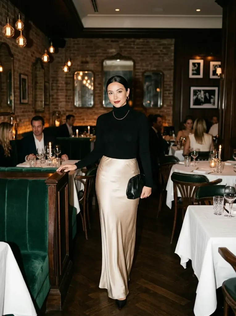 Black Turtleneck with a Satin Maxi Skirt