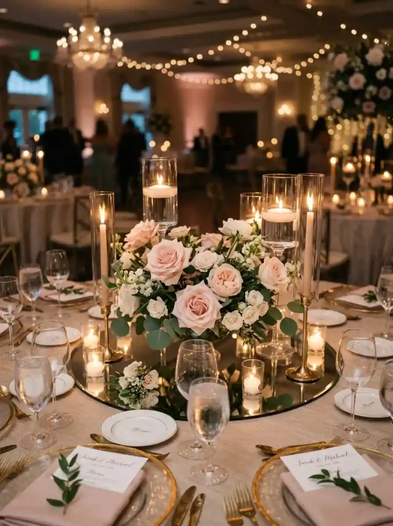 Mirror Tray with Candles and Roses