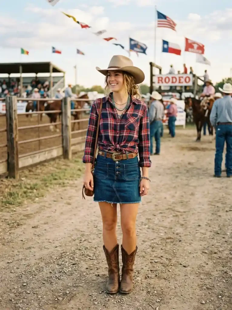 Plaid Shirt and Denim Skirt