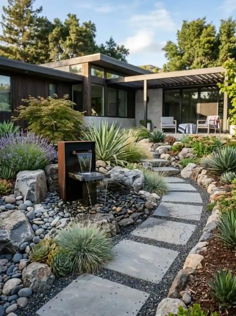 Fountain with Rock Garden Landscaping