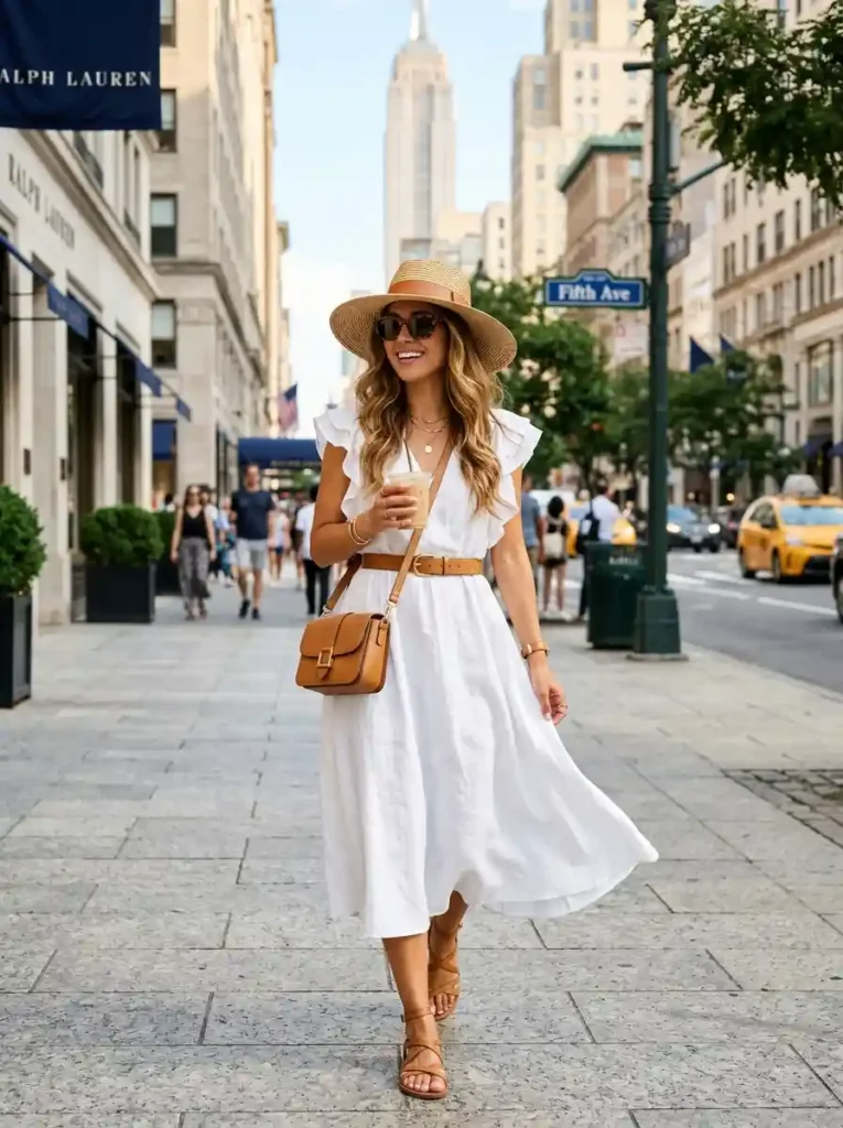 White Dress and Tan Accessories