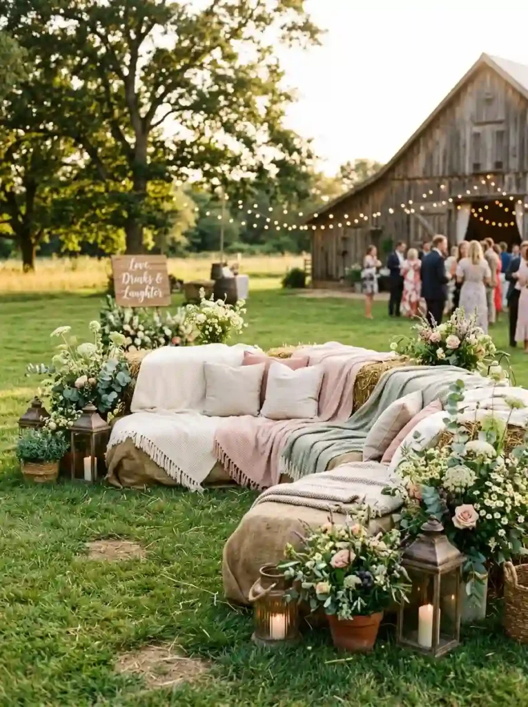 Hay Bale Seating with Throw Blankets