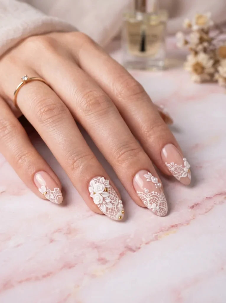 Nude Lace Nails with 3D Flower Embellishments