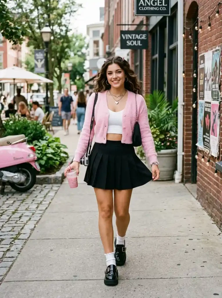 Pink Cardigan and Pleated Mini Skirt