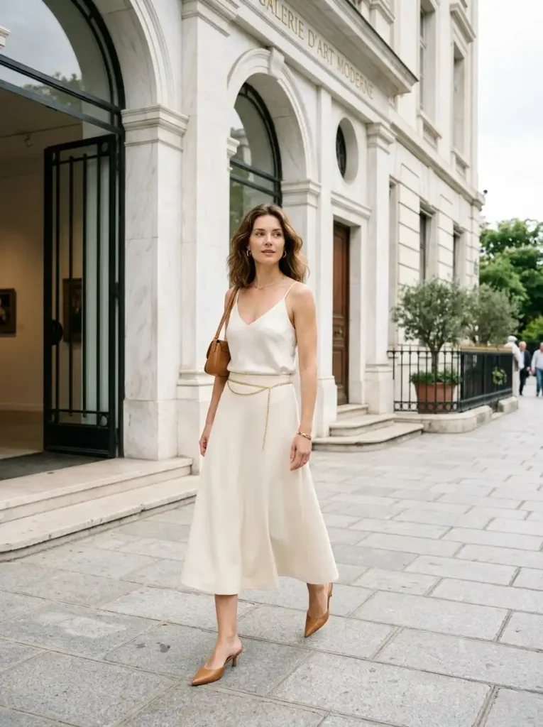 Tailored Cream Midi Skirt and Silk Cami
