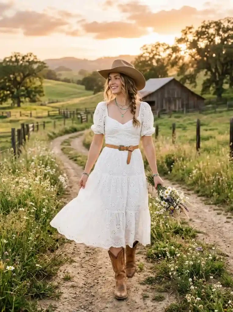 White Eyelet Dress and Tan Boots
