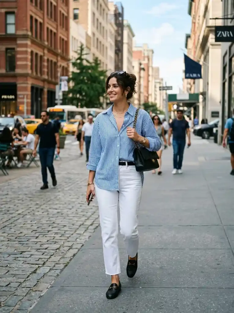 Striped Button-Up and White Jeans