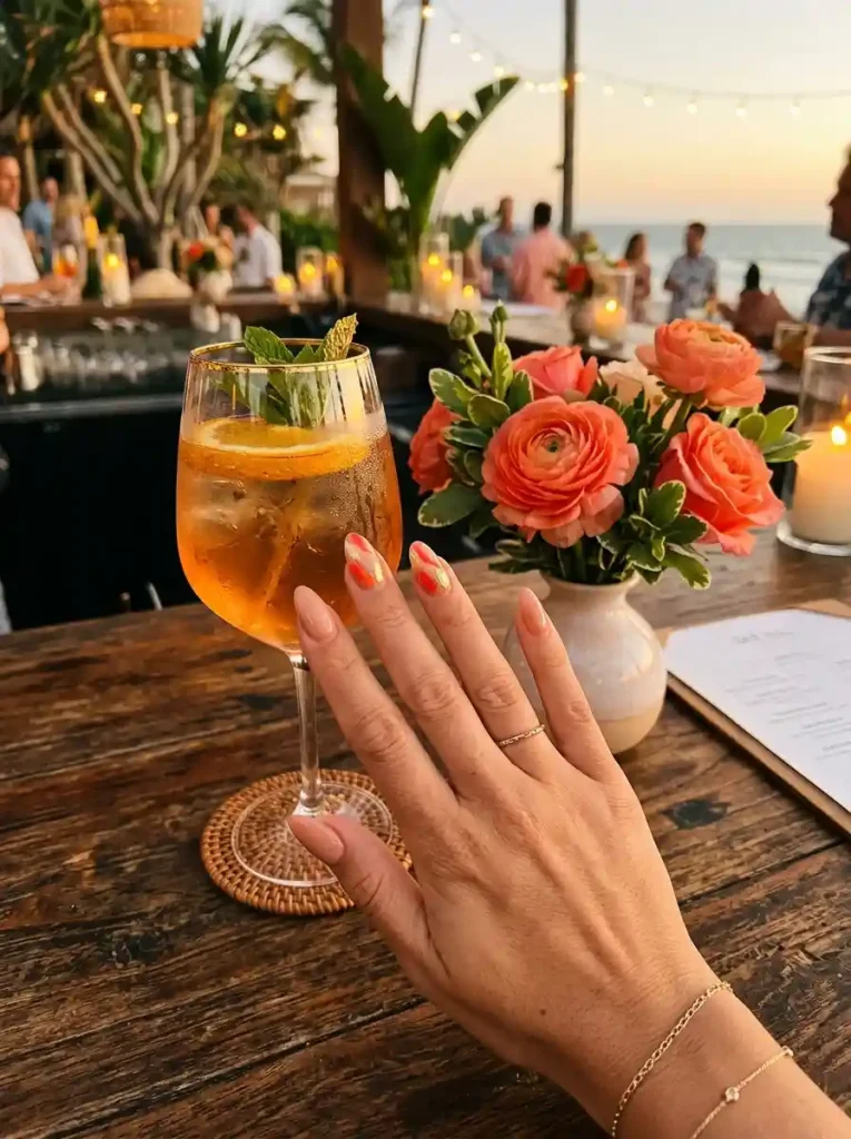 Coral and Gold Abstract Art Nails