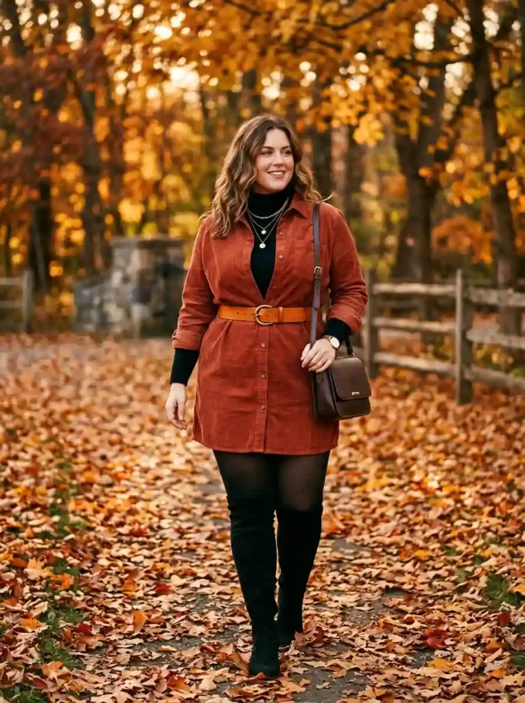 Corduroy Shirt Dress and Over-the-Knee Boots