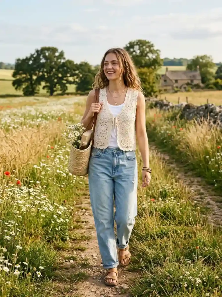 Crochet Vest and Denim Jeans