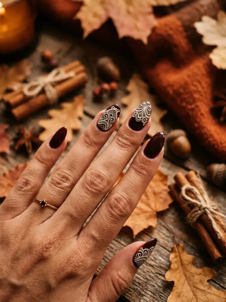 Dark Burgundy Lace Nails for Fall
