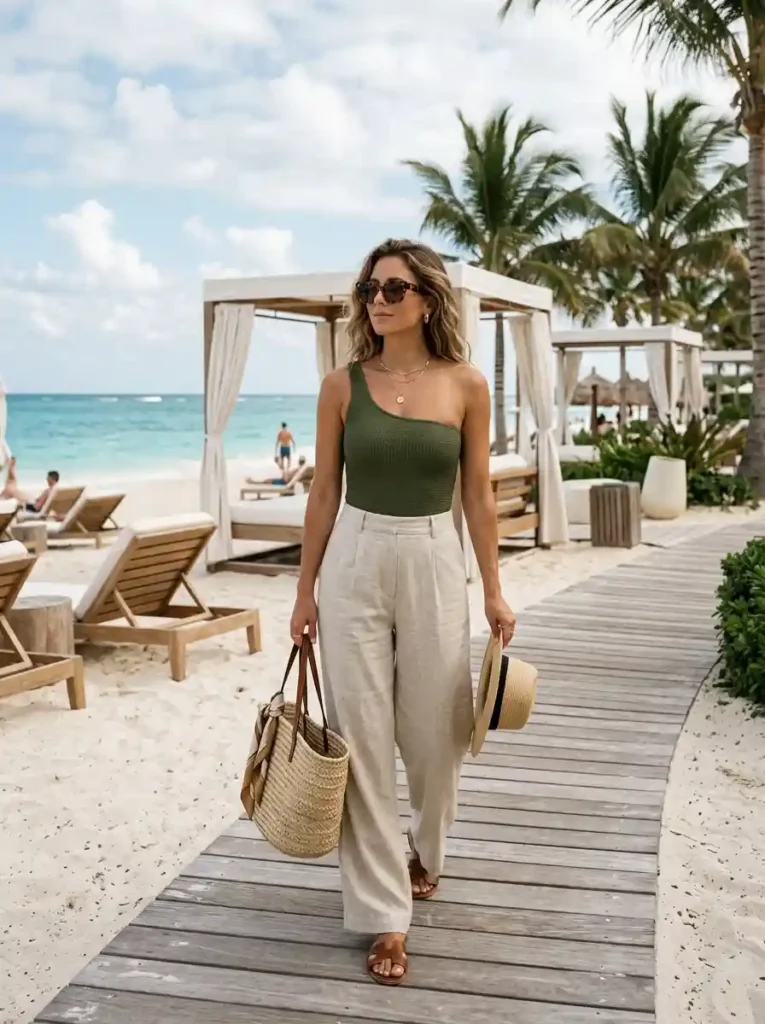 One-Shoulder Swimsuit with Linen Pants