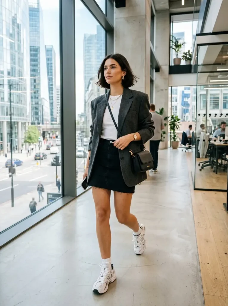 Black Denim Mini + Blazer + White Tee