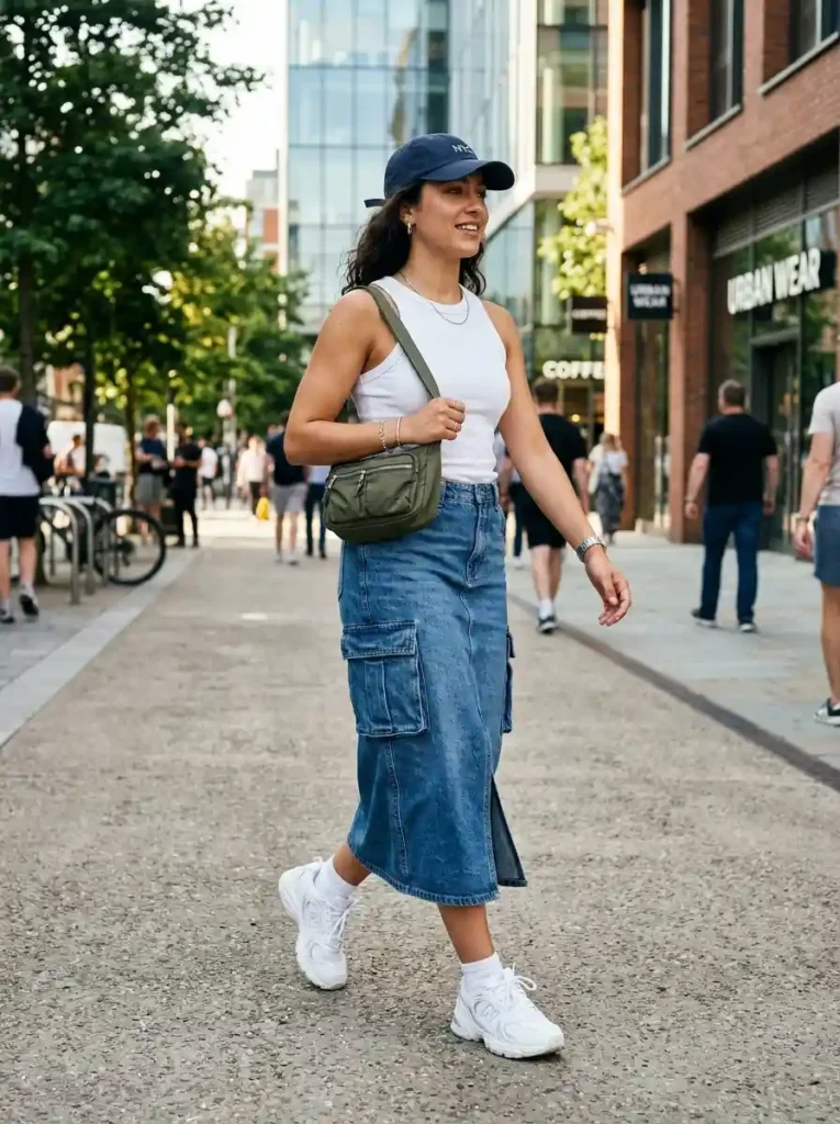 Cargo Pocket Denim Midi + Tank + Trainers