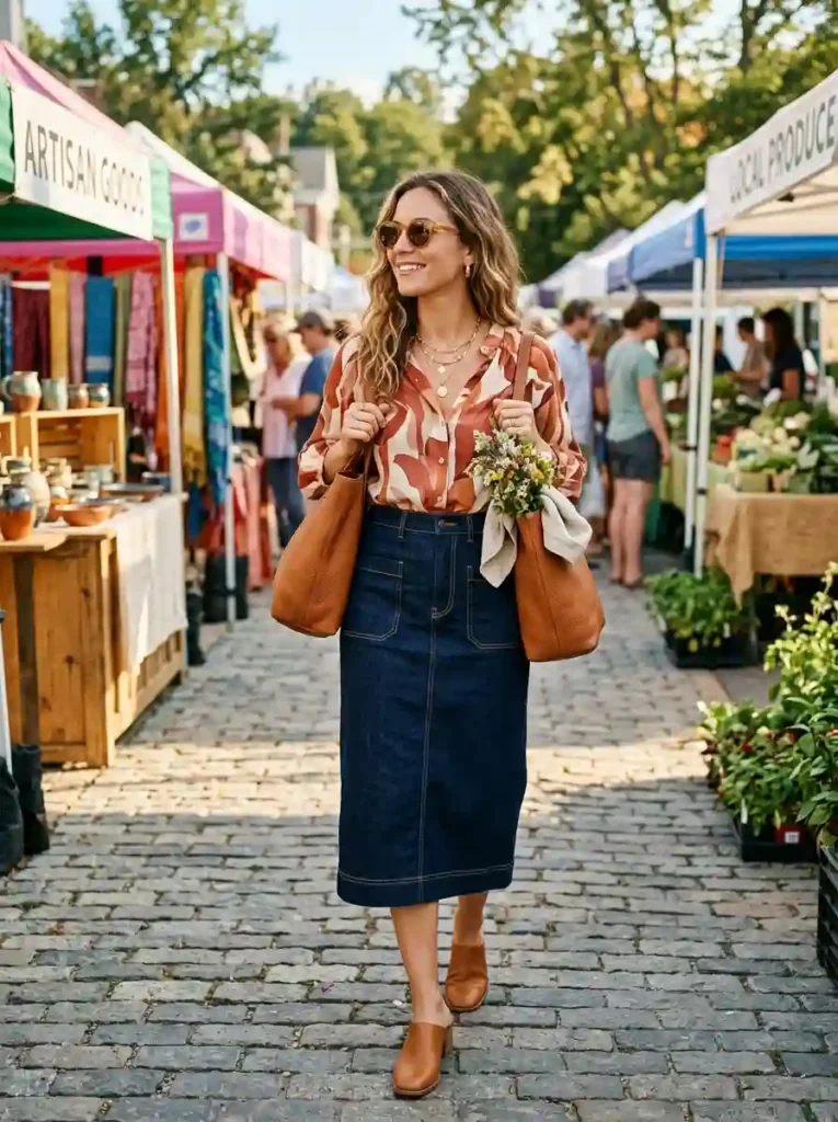 Contrast Stitch Denim Midi + Printed Blouse