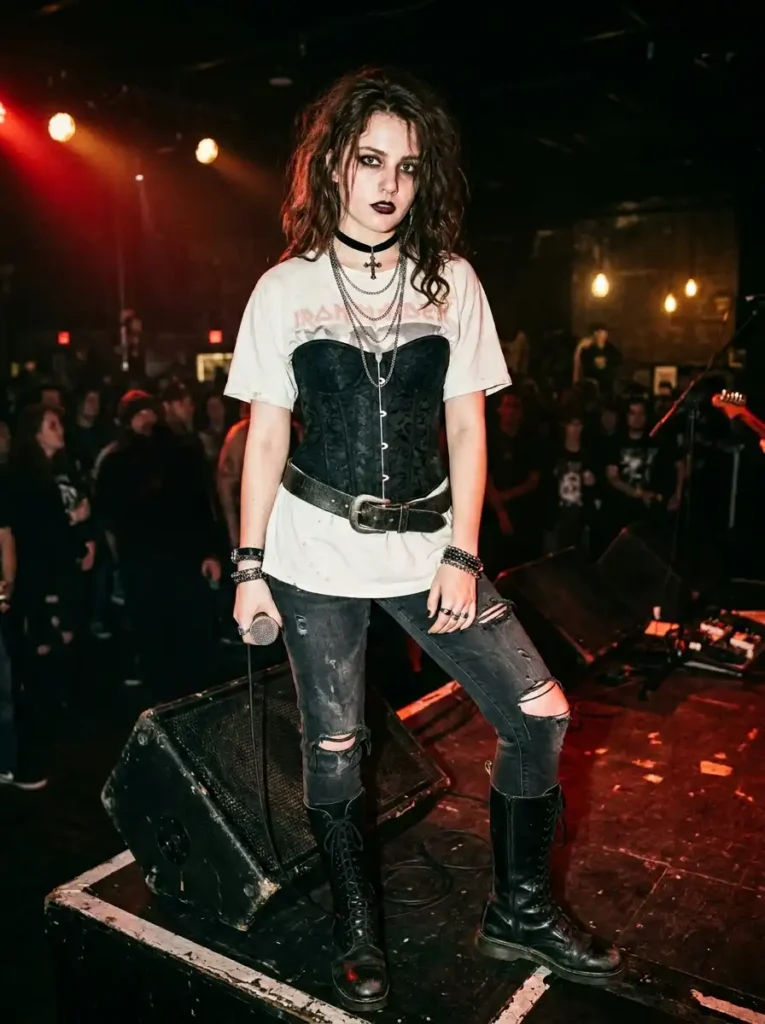 Corset Over Sheer Tee + Ripped Denim