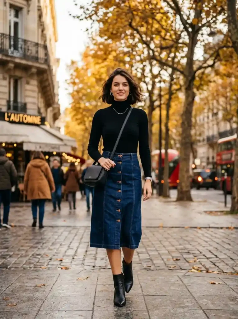 Dark Denim Midi + Fitted Turtleneck