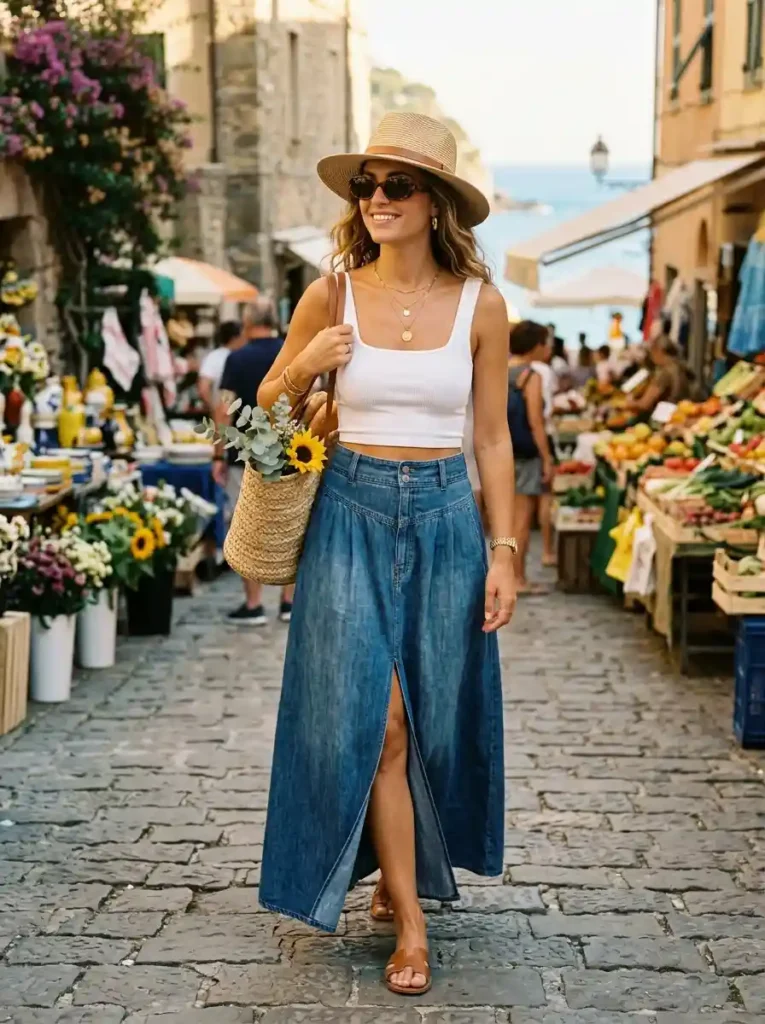 Denim Maxi Skirt + Fitted Crop Top