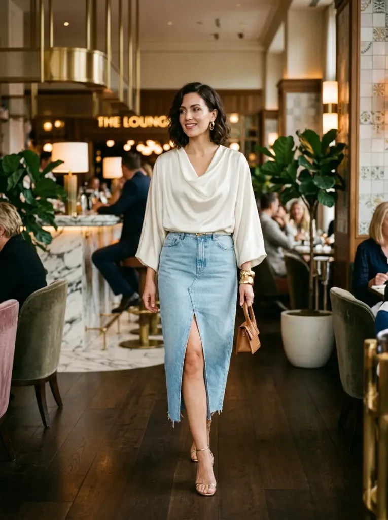 Denim Midi Slit Skirt + Silk Blouse