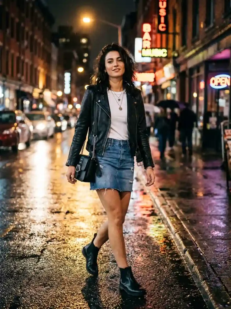 Denim Mini + Leather Jacket + Chelsea Boots