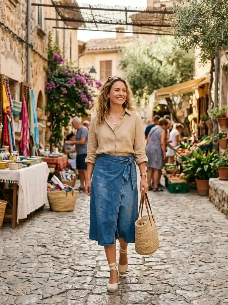 Denim Wrap Midi + Linen Shirt + Espadrilles