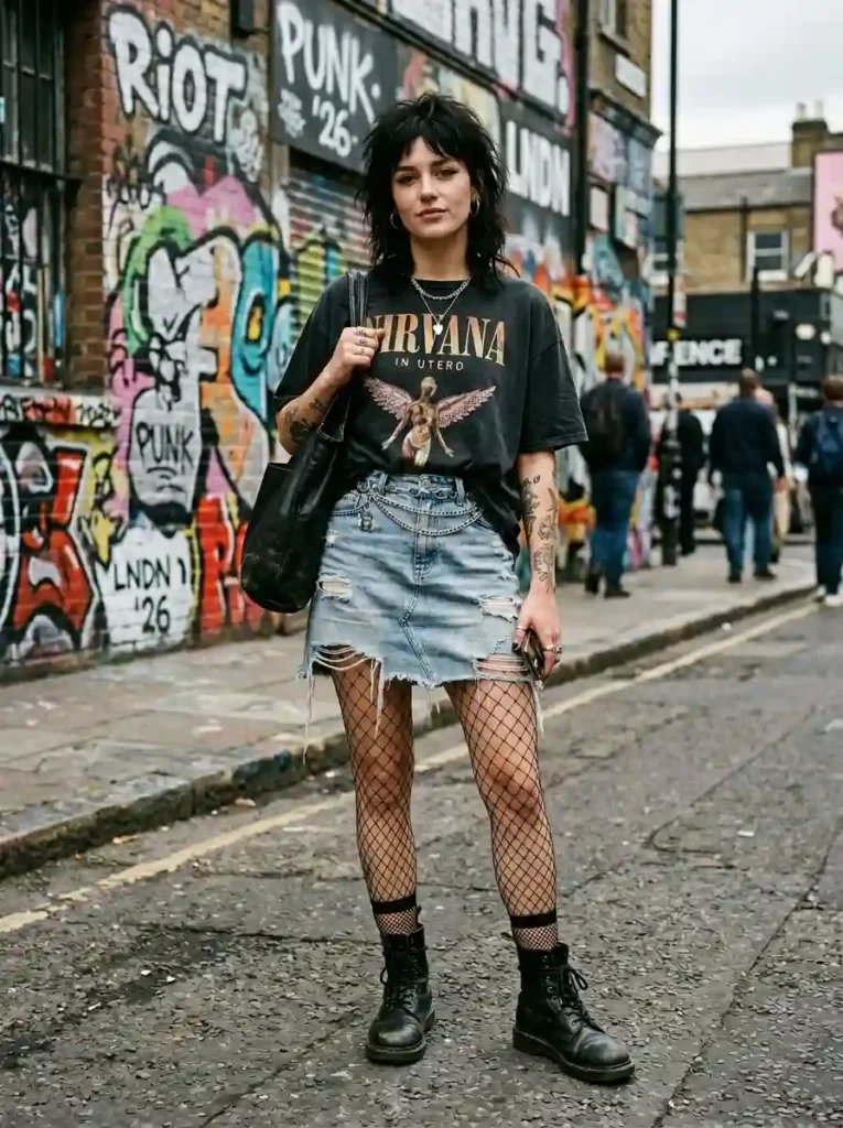 Distressed Denim Mini + Band Tee + Boots