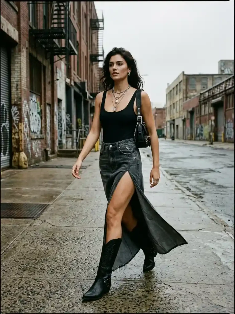 Faded Black Denim Maxi + Bodysuit + Boots