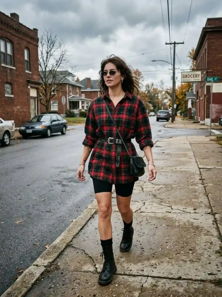 Plaid Flannel + Biker Shorts + Docs