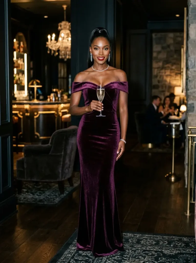 The Plum Velvet Off-Shoulder Column Gown