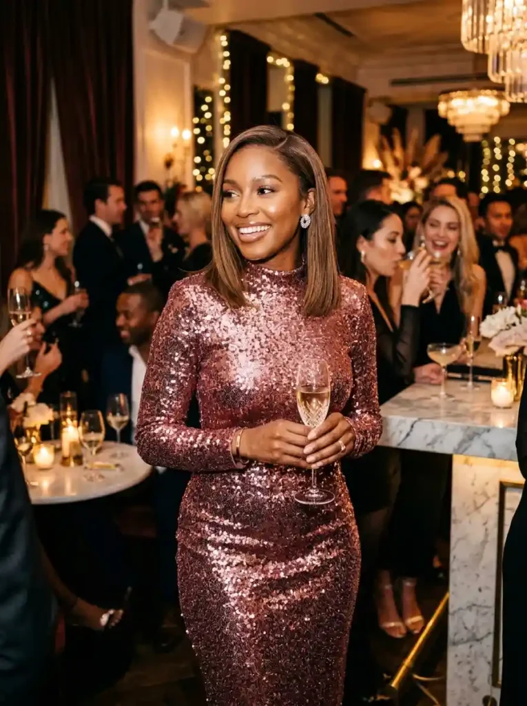 The Rose Gold Sequin Midi Dress