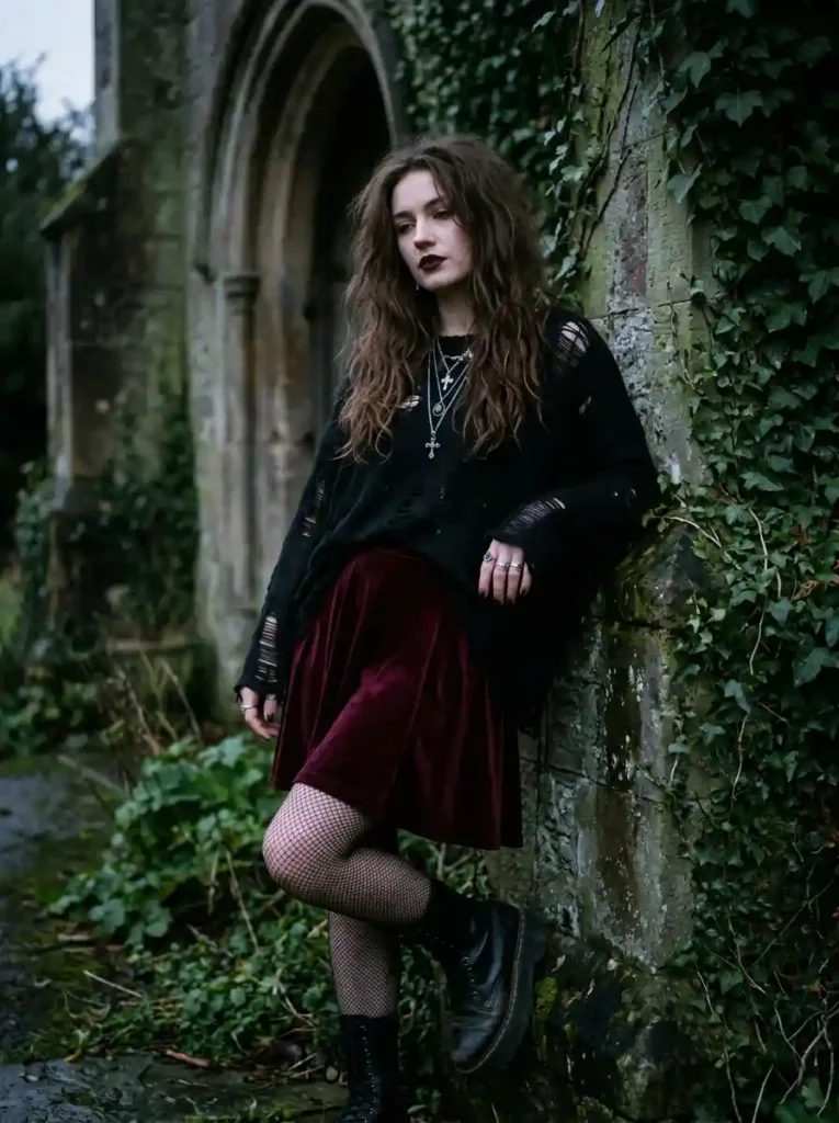 Velvet Mini Skirt + Shredded Knit