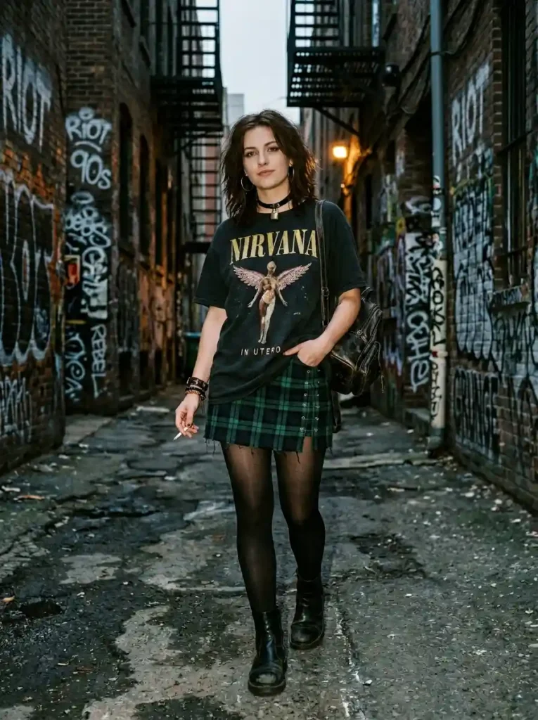 Vintage Band Tee Tucked Into Plaid Mini Skirt