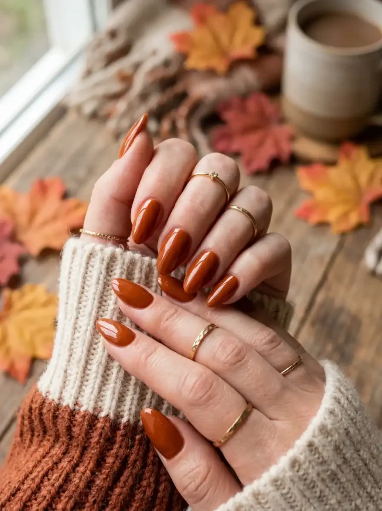 Burnt Orange Glossy Almond Nails