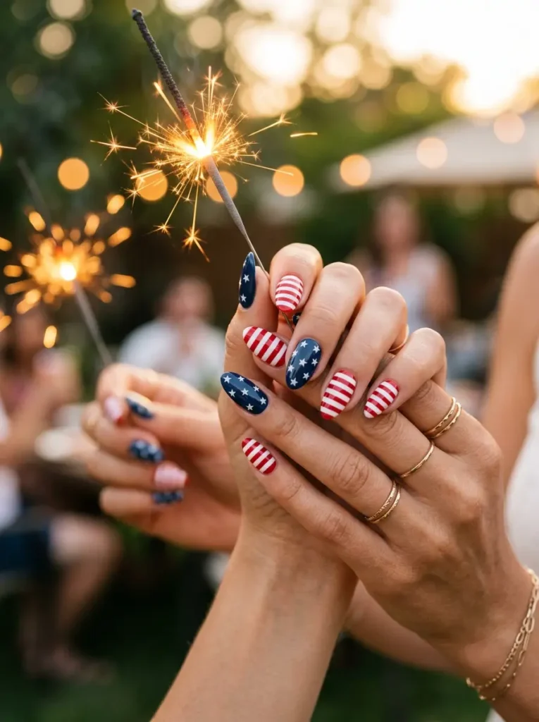 Classic Stars and Stripes Almond Nails
