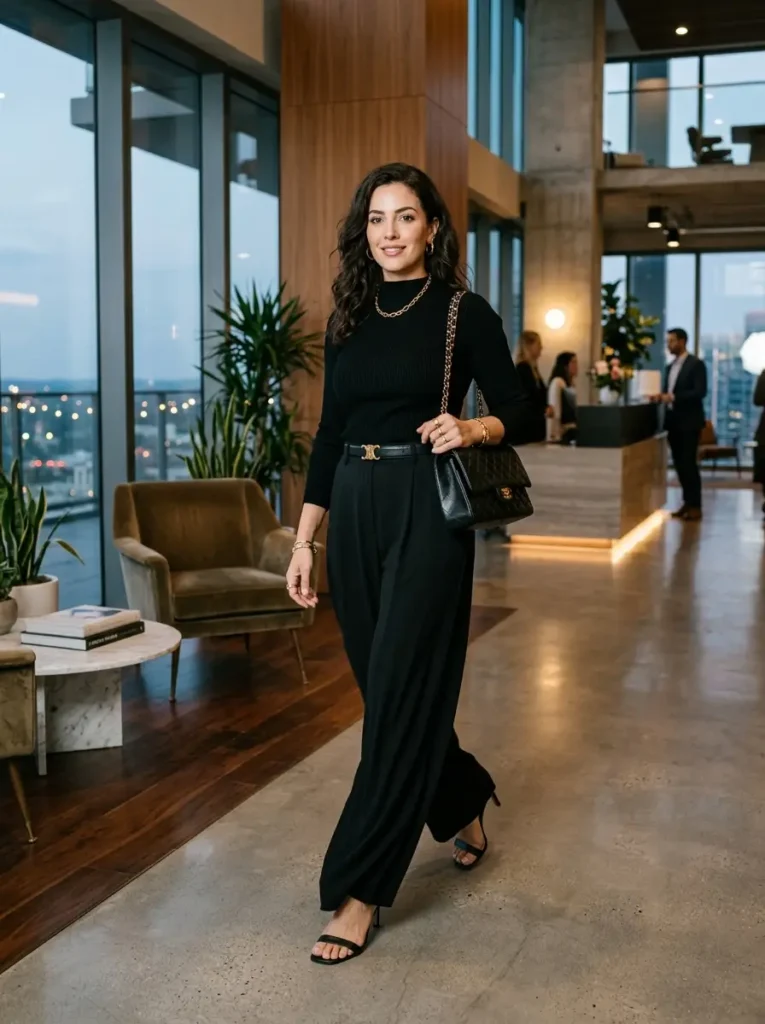 Black Knit Top with Flowing Palazzo Pants