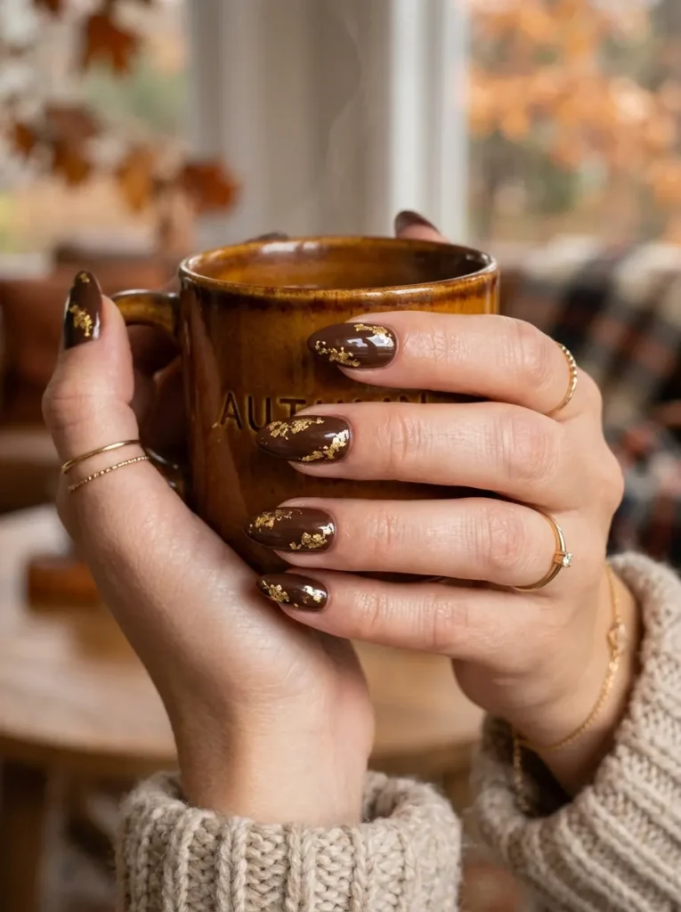 Brown & Gold Foil Nails