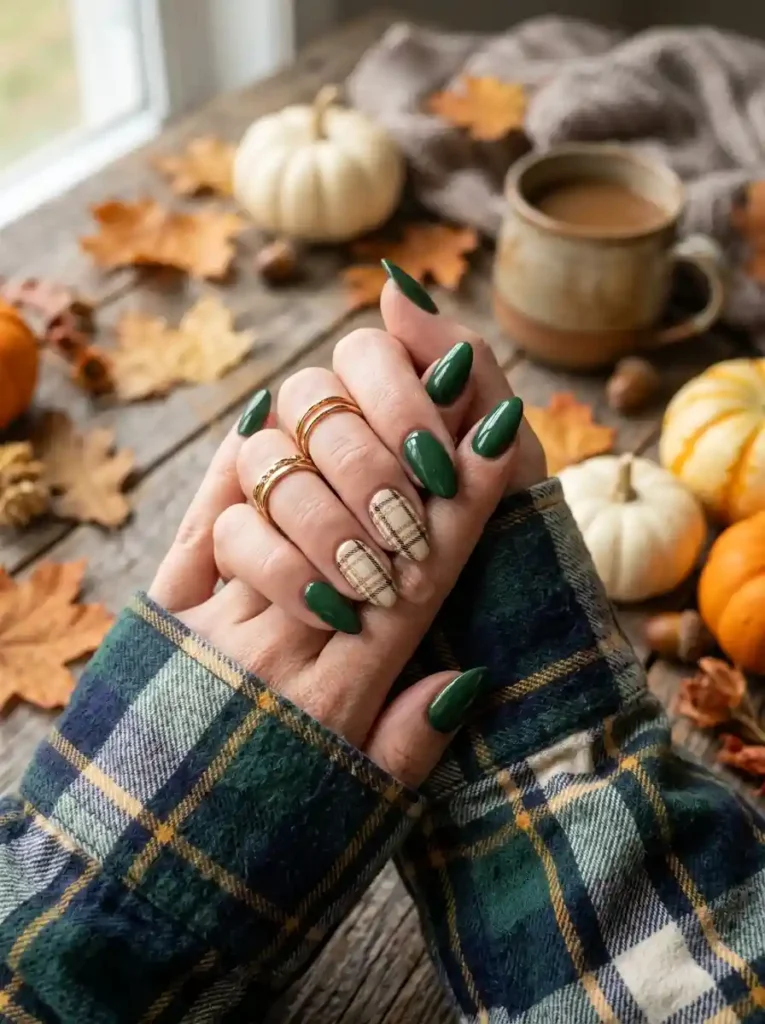 Green Plaid Accent Nails