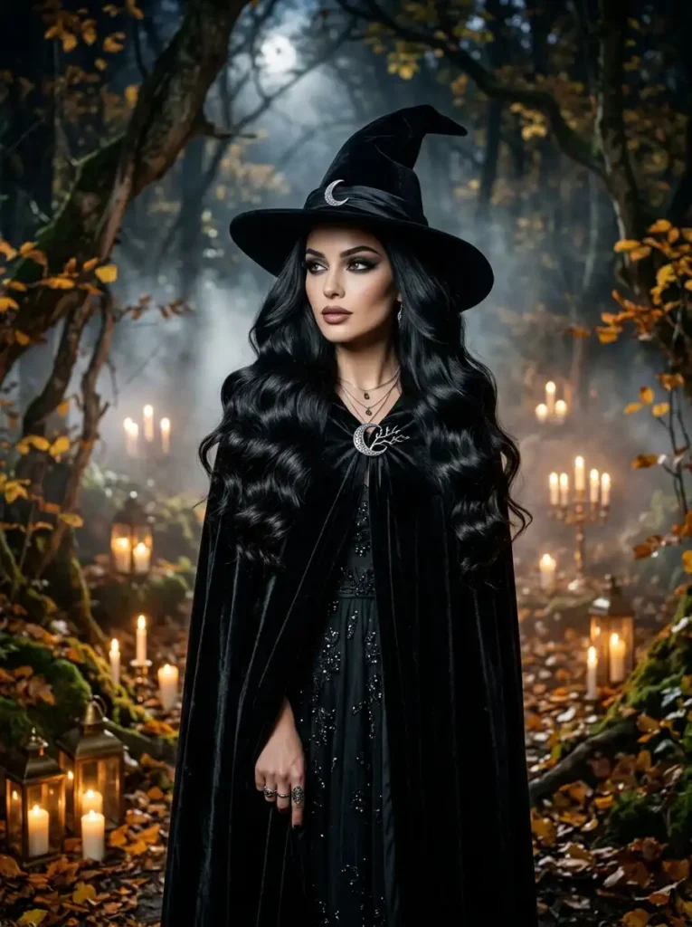 Long Black Waves with Velvet Witch Hat