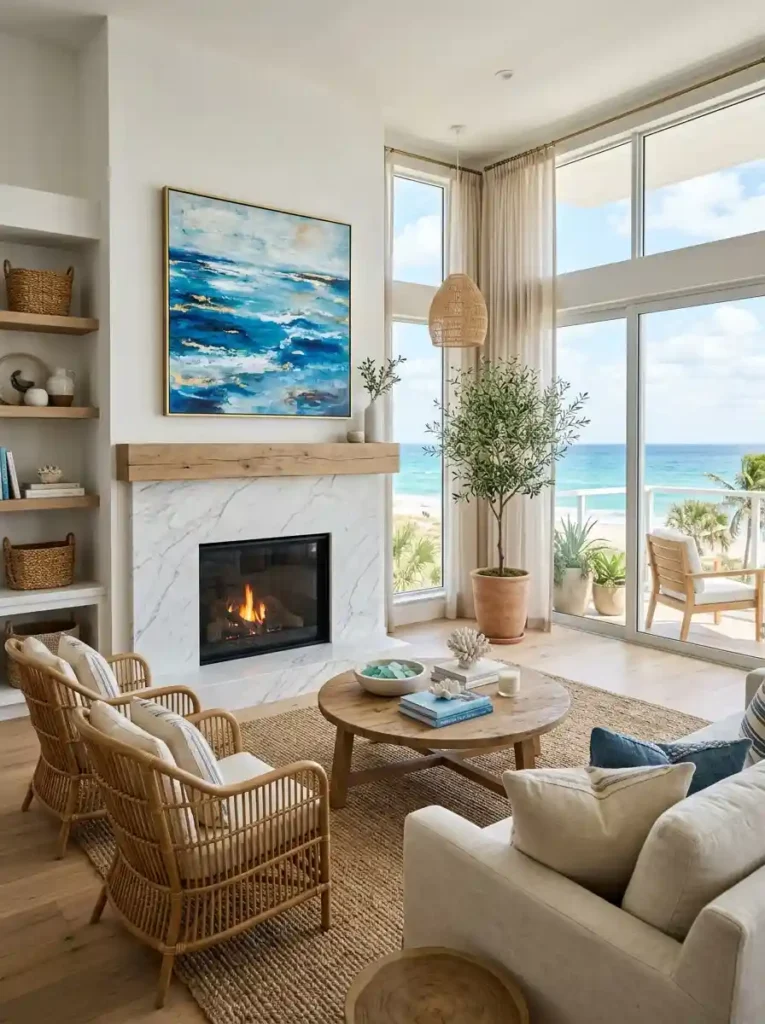Marble Fireplace with Coastal Styling